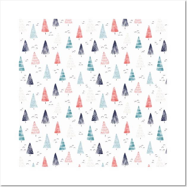 Watercolor Christmas Trees Blue Red Wall Art by Sandra Hutter Designs